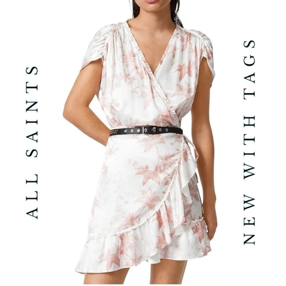 1652. ALL SAINTS ZINI EVOLUTION LEAF PRINT DRESS SIZEโ 2 WHITE/PINK IN COLOR - Picture 1 of 10